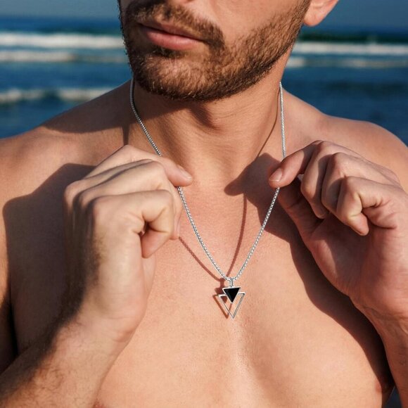 ✨Men Black Necklace Premium Stainless Steel with Triangle Chain Pendants Jewelry - Picture 6 of 7